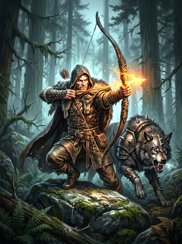 Ilustración original de un cazador tensando un arco junto a un lobo de guerra acorazado