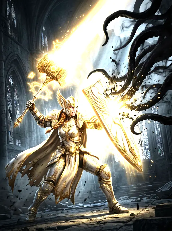 Ilustración original de una paladina con armadura dorada frenando tentáculos de sombra con un escudo de luz