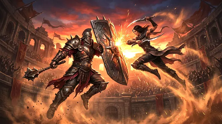 Ilustración original: dos gladiadores chocando en el aire en una arena del desierto al atardecer