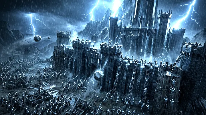 Ilustración original: asedio a una fortaleza negra bajo una tormenta eléctrica