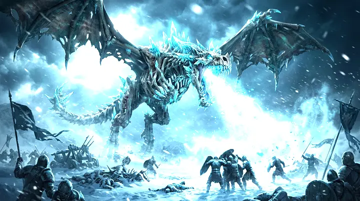 Ilustración original: un dragón no-muerto de hielo lanzando su aliento helado sobre un campo de batalla nevado